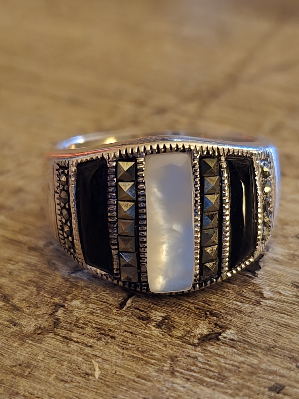 Sterling Silver Black Onyx and Mother of Pearl Statement Ring